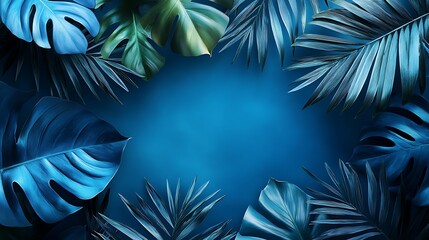 Naklejka premium Blue background with tropical leaves, Abstract beautiful blue color leaves background
