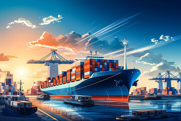Photo Logistics import export background of Container Cargo ship in seaport on blue sky, Freight Transportation background