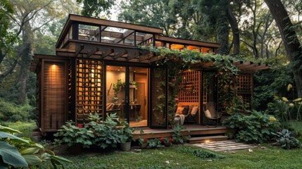 Obraz premium Modern, eco-friendly cabin nestled in lush forest.