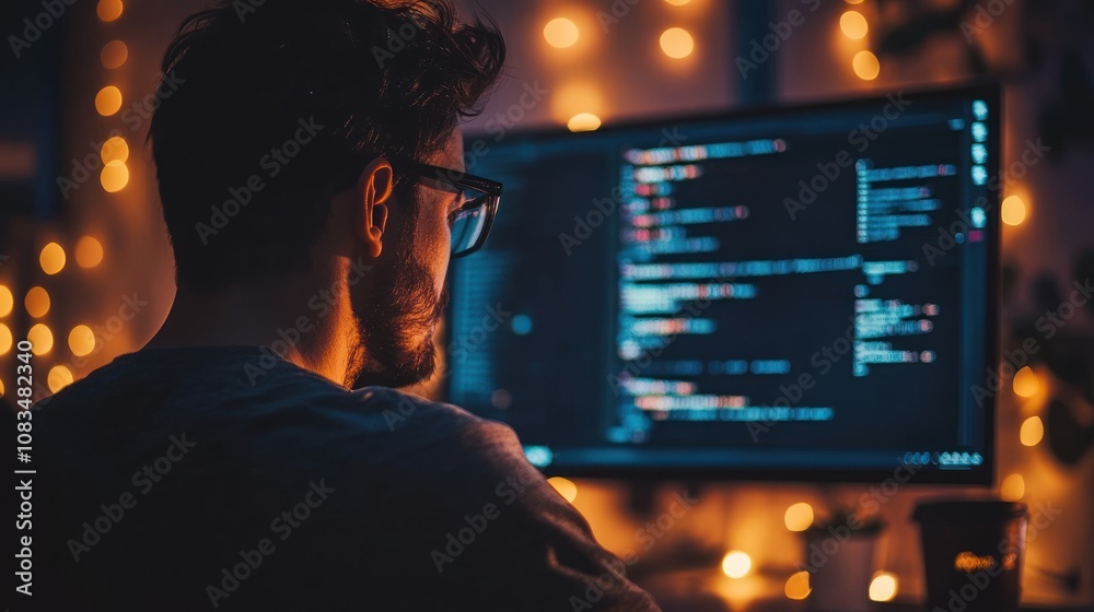 Aufkleber Man Working on Computer Code in a Dark Room with String Lights