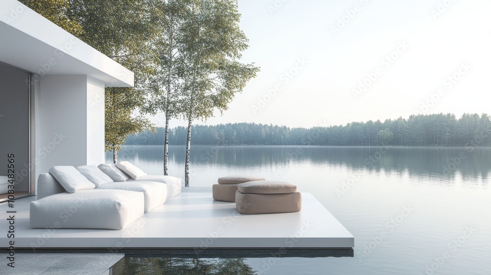 Aufkleber a serene minimalist escape adorned with a white canvas backdrop, floating furniture arrangement in a