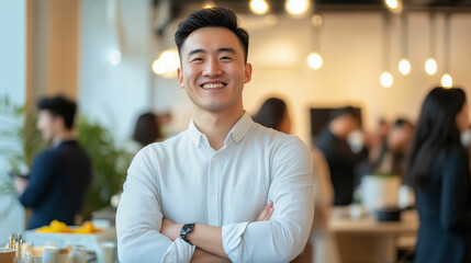 Fototapeta premium Professional man smiling confidently at a business networking event in an urban setting