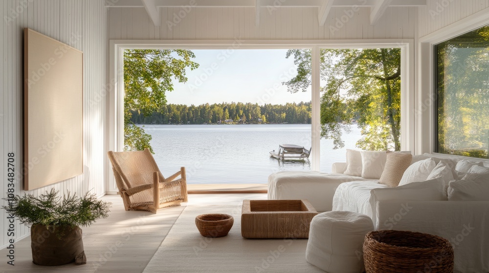Aufkleber a serene minimalist escape adorned with a white canvas backdrop, floating furniture arrangement in a