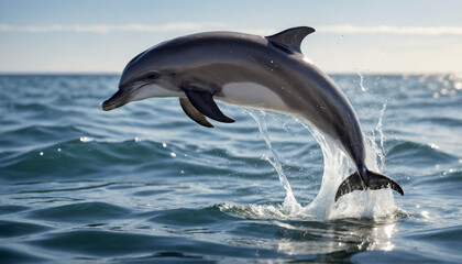 Obraz premium A dolphin leaping out of crystal-clear ocean water