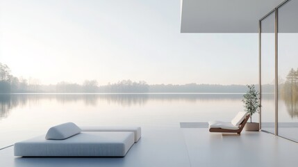 Fototapeta premium A serene minimalist escape featuring a white canvas backdrop, Floating furniture arrangement in a lakeside cottage, Lakeside minimalism style