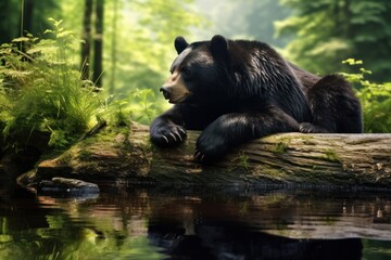 Obraz premium A serene scene of an Asian black bear resting near a riverbank, with its reflection visible in the calm water. The bear looks content as it enjoys the tranquility of nature