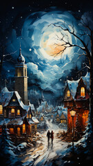 Snowy Christmas Village with Moonlit Sky

