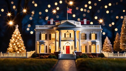 Fototapeta premium Miniature White House at Christmas, Festive Patriotic Display with Cozy Glow and Holiday Cheer V1