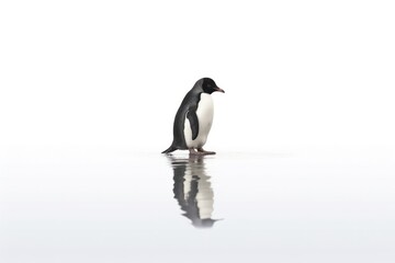 A small penguin standing on an ice floe, looking playfully at a reflection of itself in a nearby pool of water. The penguin's sleek black and white feathers glisten in the light