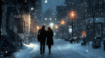 Obraz premium A couple walking hand in hand through the snow-covered streets, feeling love and warmth.