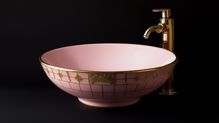 pink bathroom basin with golden details and faucet