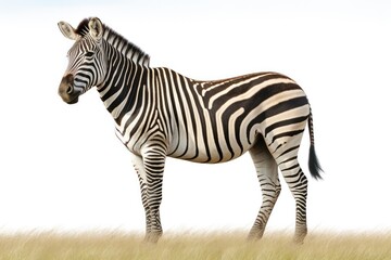 Fototapeta premium A zebra standing gracefully in a natural setting, showcasing its distinctive coat pattern and strong physique. The background features a hint of savanna grassland