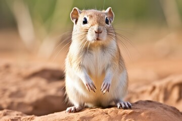 Obraz premium Brown gerbil in a playful stance, standing sideways with its head turned slightly towards the camera. Its fur glistens under the sun