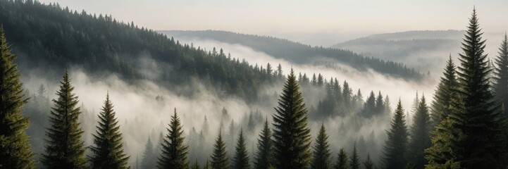 Fototapeta premium Coniferous forest in the mist of tree tops