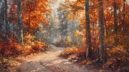 Fototapeta premium Autumnal forest path, sunlit leaves.