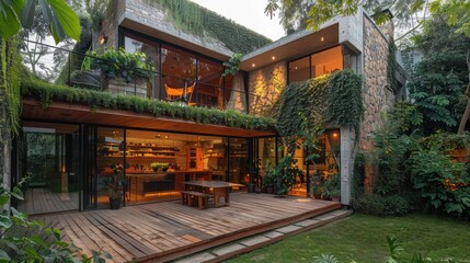 Fototapeta premium Modern house, garden, deck, stone, glass, wood, greenery.
