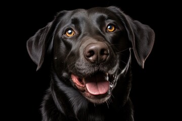 Fototapeta premium Close-up shot of a happy black Labrador dog, panting with a wide smile, and staring directly into the lens. The dog's fur appears soft and well-groomed, emphasizing its vitality and charm