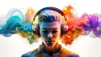 Fototapeta premium Surreal portrait of a person wearing headphones, with colorful smoke swirling around their head. The vibrant smoke creates a dynamic contrast against the calm, focused expression