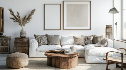 Living room wall poster mockup. Frame mockup. Interior mockup with house background. A Scandinavian interior photo of a modern house living room with white walls hanging.