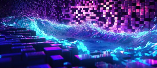 Obraz premium Abstract 3D rendering of blue and purple waves flowing over a grid of colorful blocks.