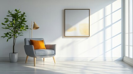 Fototapeta premium Modern minimalist living room interior with abstract artwork and a cozy armchair