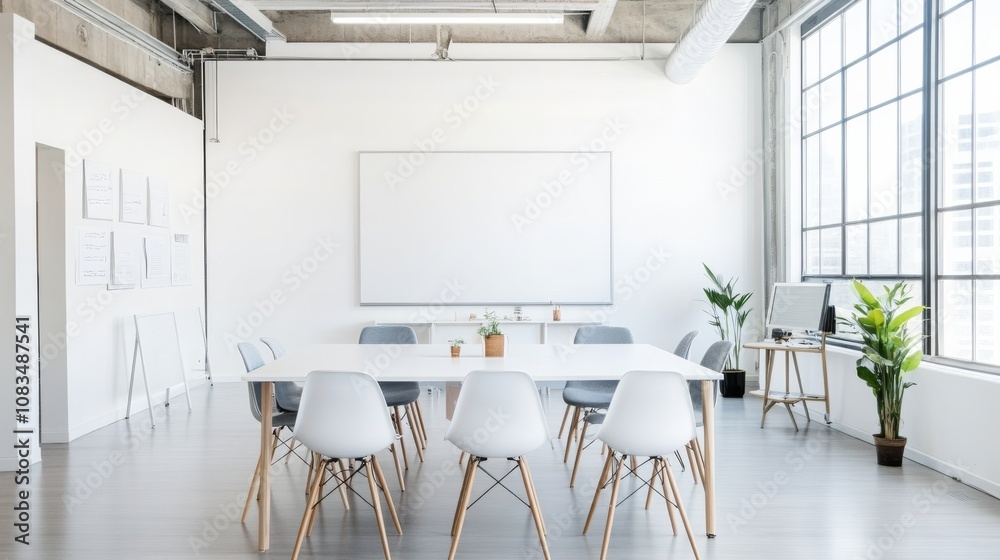 Aufkleber a sleek and contemporary co-working space design featuring a pristine white canvas backdrop, minimal
