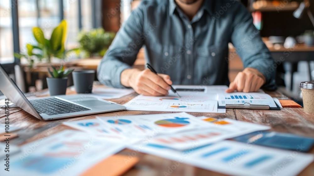 Poster Man Analyzing Financial Reports with Charts and Graphs