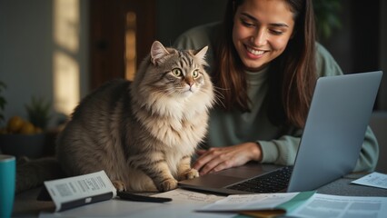 Fototapeta premium Generative AI, Fluffy cat sitting on a laptop keyboard interrupting work in a cozy indoor scene