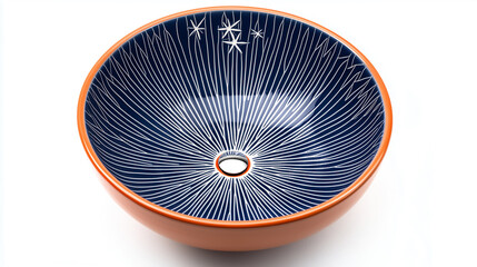 orange and navy blue ceramic basin with white stars and linear patterns