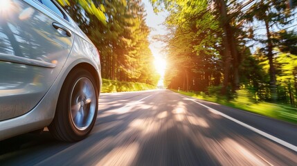 Fototapeta premium A white car is speeding down a road thought the forest. Sun setting in the background. Motion and speed concept.