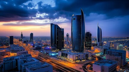 Fototapeta premium Riyadh's KAFD skyline shines brightly at dusk.