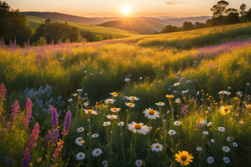 Obraz premium Vibrant sunset over wildflowers in rolling hills.