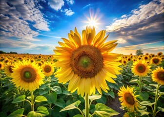 Obraz premium Stunning Portrait Photography of Sunflowers in a Field: Vibrant Yellow Blossoms Under Blue Skies with Natural Light and Scenic Beauty for Nature Lovers and Garden Enthusiasts