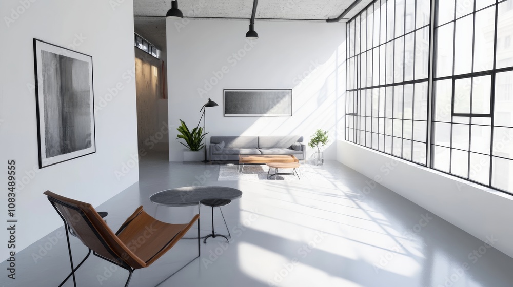 Poster a sleek and functional living room design featuring a white canvas backdrop, strategically placed mi