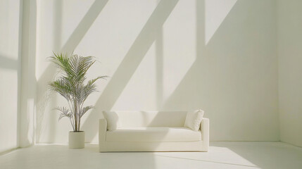 a sofa mockup nestled in a Scandinavian interior, featuring a white wall backdrop, close up horizontal image of a white minimalist stylish living room,