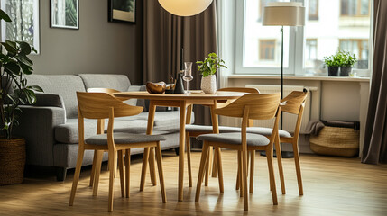 Obraz premium Space-saving stackable chairs neatly arranged in a bright, A picture of a living room filled with white couches and wooden tables.