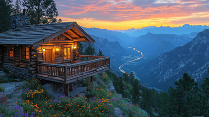 Wooden cabin on a mountain summit