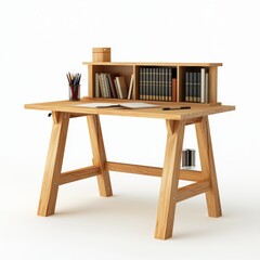 Modern Wooden Desk Arrangement with Books and Stationery Perfect for Home Office or Study Space Featuring Minimalist Design and Natural Finish
