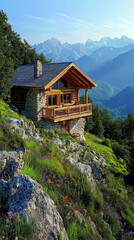 Rustic alpine house atop a towering mountain