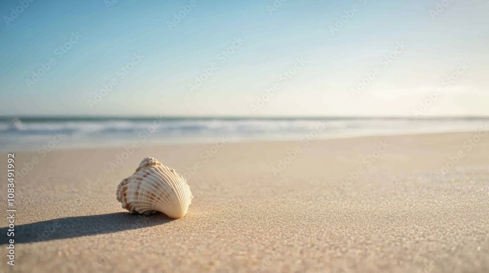 Aufkleber A peaceful sandy beach at dawn showcases a single seashell, while soft waves gently touch the shoreline in the distance. Generative AI