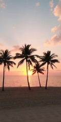 Fototapeta premium Vibrant sunset over a calm sea on a sandy beach with silhouetted palm trees, dusk, peaceful