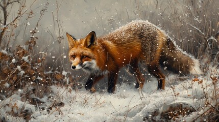 Red fox walking in snowy winter landscape.