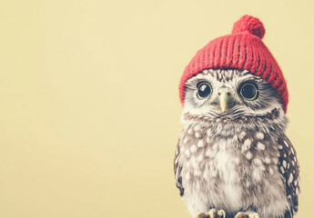 Obraz premium Adorable Owl in Pastel Red Santa Hat on Solid Background .