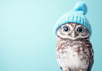Obraz premium Adorable Owl in Pastel Red Santa Hat on Solid Background .