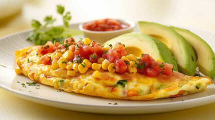 Fototapeta premium Corn and Avocado Omelette with Fresh Salsa