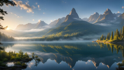 Fototapeta premium Serene sunrise over misty mountain lake.