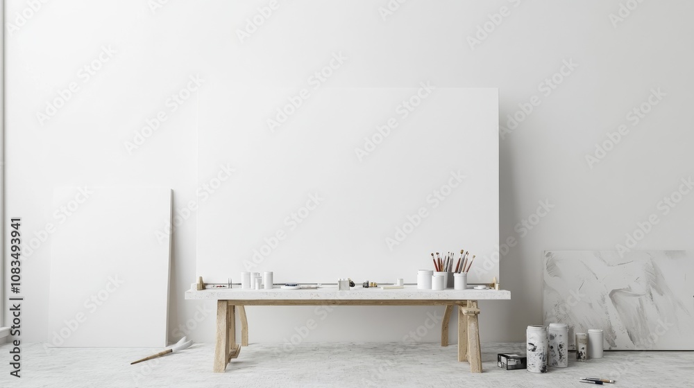Poster a sleek and modern art studio design boasting a pristine white canvas backdrop, minimalist art suppl