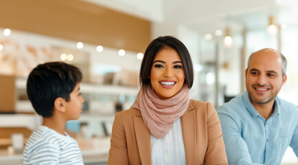 An female wearing a stylish tan blazer and a light pink scarf is smiling as she sits in a bright cafe. A child and a man are engaged in conversation nearby, creating a joyful atmosphere.