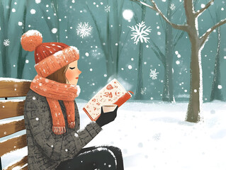 Cozy Winter Scene: A Young Woman Enjoying a Book in a Snowy Forest, Wrapped in Warm Clothing, Surrounded by Falling Snowflakes and Tranquil Nature