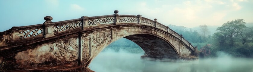 A serene stone bridge arches over a misty river, surrounded by lush greenery.